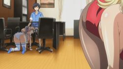 Rule 34 | 1boy, 2girls, all fours, ass, bent over, black hair, blonde hair, blue ribbon, blue shirt, blue soles, chair, collaboration works, hinata hanabi, indoors, interior, katakage fuurin, leotard, looking at another, looking at ass, looking back, multiple girls, office chair, panties, pantyhose, pink hair, playboy bunny, ponytail, ribbon, shiny skin, shirt, sitting, swivel chair, thighhighs, top lift, tropical kiss, under table, underwear, white footwear, white panties, white thighhighs, wooden floor