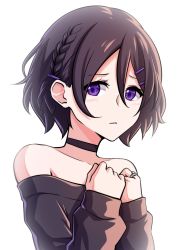 Rule 34 | 1girl, bare shoulders, black sweater, brown hair, closed mouth, collar, hair between eyes, hair ornament, hairclip, highres, levana violette (lusan666), lusan666, off shoulder, original, purple eyes, short hair, solo, sweater, white background