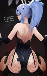 Rule 34 | 1boy, 1girl, absurdres, ass, blue hair, bulge, english text, erection, erection under clothes, fishnets, from behind, highres, huge ass, leotard, looking back, original, playboy bunny, sitting, sitting on person, the atko