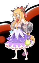 Rule 34 | 1girl, barefoot, blue skirt, bottle, bow, bowtie, chain, female focus, full body, gourd, hair bow, horns, ibuki suika, layered clothes, long hair, looking at viewer, low-tied long hair, nanami sano, oni, orange hair, red bow, red bowtie, skirt, solo, standing, touhou, very long hair