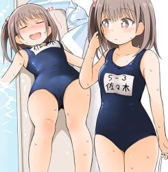 Rule 34 | 1girl, :d, bare arms, bare shoulders, blue one-piece swimsuit, blush, breasts, brown eyes, brown hair, cameltoe, closed eyes, collarbone, feet out of frame, fujisaka lyric, hair between eyes, lying, multiple views, name tag, nose blush, on back, one-piece swimsuit, one side up, open mouth, original, school swimsuit, sleeping, small breasts, smile, swimsuit, water, wet