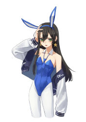 1girl absurdres animal_ears bare_shoulders blue_hairband blue_leotard blue_necktie breasts brown_hair collarbone commentary commission cowboy_shot cropped_legs detached_collar earrings fake_animal_ears green_eyes hairband hand_on_own_head highres jacket jewelry leotard long_hair long_sleeves looking_at_viewer necktie off_shoulder original pantyhose parted_lips playboy_bunny rabbit_ears short_necktie simple_background small_breasts solo star_(symbol) star_earrings strapless strapless_leotard white_background white_jacket white_pantyhose yoon_cook