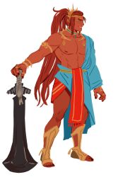 Rule 34 | 1boy, abs, armlet, asymmetrical clothes, black nails, brown hair, circlet, dark-skinned male, dark skin, earrings, ganondorf, gerudo, grin, highres, holding, holding weapon, jewelry, long hair, male focus, muscular, muscular male, nintendo, nipples, pointy ears, ponytail, rehydrated ganondorf, ring, sandals, siobhanchiffon, smile, the legend of zelda, the legend of zelda: tears of the kingdom, weapon