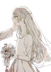 Rule 34 | 1boy, 1girl, bouquet, bridal veil, closed mouth, collarbone, commentary, commentary request, dress, drop earrings, earrings, elf, eyelashes, flower, flower request, frieren, from side, highres, holding, jewelry, long hair, long sleeves, monochrome, pointy ears, see-through, see-through veil, sidelocks, smile, sousou no frieren, veil, wavy hair, wedding dress, yoichi hnkn