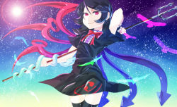 Rule 34 | 1girl, asymmetrical wings, bad id, bad pixiv id, black dress, black hair, black thighhighs, bow, cowboy shot, dress, gradient background, highres, houjuu nue, lens flare, looking at viewer, nappooz, polearm, red eyes, ribbon, short hair, smile, snake, solo, sun, thighhighs, touhou, trident, upper body, weapon, wings, wrist cuffs, zettai ryouiki