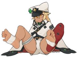 Rule 34 | 1girl, blonde hair, cloak, closed mouth, clover, commentary, dark-skinned female, dark skin, english commentary, feet, feet up, foot focus, four-leaf clover, full body, guilty gear, guilty gear strive, hair between eyes, knees up, leaning back, legs, long hair, looking at viewer, no shoes, orange eyes, ramlethal valentine, short shorts, shorts, sidelocks, simple background, sitting, softhanten, soles, solo, spread toes, thigh strap, thighs, toeless legwear, toes, twitter username, white background, white cloak, white headwear, white shorts