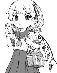 Rule 34 | 1girl, alternate costume, bag, cellphone, crystal, flandre scarlet, hair ribbon, highres, holding, holding phone, looking at viewer, medium hair, neckerchief, one side up, oninamako, phone, pleated skirt, ribbon, sailor collar, sailor shirt, shirt, short sleeves, shoulder bag, simple background, skirt, slit pupils, smartphone, solo, touhou, upper body, white background, wings