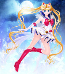 Rule 34 | bishoujo senshi sailor moon, blonde hair, blue eyes, blue sailor collar, boots, brooch, bug, butterfly, circlet, crescent, crescent earrings, double bun, earrings, elbow gloves, full moon, gloves, hair bun, hair ornament, heart, heart brooch, high heel boots, high heels, highres, insect, jewelry, knee boots, long hair, miniskirt, moon, multicolored clothes, multicolored skirt, panties, pantyshot, red footwear, ribbon, sailor collar, sailor moon, skirt, sky, smile, standing, star (sky), starry sky, super sailor moon, tsukino usagi, twintails, twkr (suguro-m), underwear, very long hair, white gloves