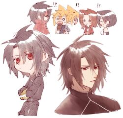 Rule 34 | !?, 2boys, 2girls, aerith gainsborough, alternate hair length, alternate hairstyle, bare shoulders, black hair, black jacket, blonde hair, breasts, brown gloves, brown hair, cloak, closed mouth, cloud strife, commentary request, cropped torso, earrings, final fantasy, final fantasy vii, final fantasy vii rebirth, final fantasy vii remake, gloves, hair between eyes, headband, jacket, jewelry, light blush, looking at another, medium breasts, multiple boys, multiple girls, nitoya 00630a, open mouth, parted bangs, red cloak, red eyes, red headband, red jacket, short hair, single earring, sleeveless, sleeveless turtleneck, smile, spiked hair, suspenders, sweatdrop, sweater, tank top, tifa lockhart, turtleneck, turtleneck sweater, upper body, vincent valentine, white background, white tank top