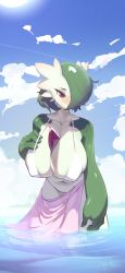 Rule 34 | 1girl, absurdres, bare arms, bare shoulders, bikini, blush, breasts, clothed pokemon, cloud, cloudy sky, colored skin, creatures (company), day, game freak, gardevoir, gen 3 pokemon, green hair, green skin, hair over one eye, hand on own chest, highres, huge breasts, looking to the side, multicolored skin, navel, nintendo, ocean, outdoors, partially submerged, pink sarong, pokemon, pokemon (creature), puk (higanbana doujin), red eyes, sarong, shiny skin, short hair, signature, sky, solo, standing, swimsuit, two-tone skin, wading, water, white bikini, white skin