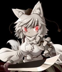 Rule 34 | 1girl, animal ears, bare shoulders, black background, breasts, detached sleeves, grey hair, hat, highres, inubashiri momiji, joints, mechanization, pom pom (clothes), red eyes, robot, robot joints, ryuu (multitask), short hair, simple background, solo, sword, tail, tokin hat, touhou, weapon, wolf ears, wolf tail