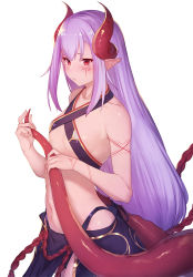 Rule 34 | 1girl, bare arms, bare shoulders, blush, breasts, collarbone, commentary request, cowboy shot, criss-cross halter, dragon girl, dragon horns, dragon tail, facial mark, halterneck, highleg, highres, holding tail, horns, ibuki notsu, long hair, looking at viewer, melusine (ibuki notsu), navel, original, parted lips, pelvic curtain, pointy ears, purple hair, red eyes, sidelocks, simple background, slit pupils, small breasts, solo, standing, stomach, tail, very long hair, white background