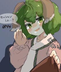 Rule 34 | 1girl, animal ears, blush, clothes pull, commentary request, fang, green eyes, green hair, grey background, kasodani kyouko, long sleeves, looking at viewer, open mouth, pov, pulling another&#039;s clothes, short hair, simple background, speech bubble, touhou, translation request, uisu (noguchipint), upper body