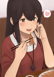 Rule 34 | 10s, 1girl, :d, adjusting hair, akagi (kancolle), alternate costume, blurry, blurry background, brown eyes, brown hair, casual, chopsticks, collarbone, commentary request, dumpling, eating, food, fuyube gin (huyube), hair between eyes, hand in own hair, heart, highres, jewelry, jiaozi, kantai collection, lanyard, long hair, necklace, official style, open mouth, plate, red shirt, round teeth, shirt, short sleeves, sidelocks, smile, solo, speech bubble, spoken heart, straight hair, table, tareme, teeth, tongue, upper body