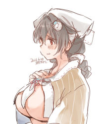 Rule 34 | 1girl, bandana, blush, braid, breasts, brown shawl, dated, hair between eyes, hair flaps, hair ornament, hand on own chest, jingei (kancolle), kantai collection, kirisawa juuzou, large breasts, parted lips, red eyes, shawl, sideboob, signature, simple background, single braid, sketch, solo, upper body, white background