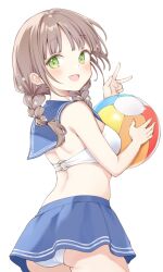 Rule 34 | 1girl, :d, ass, back, ball, bare shoulders, beachball, bikini, blue sailor collar, blue skirt, blunt bangs, blush, braid, breasts, brown hair, cowboy shot, from behind, green eyes, hand up, highres, holding, holding ball, looking at viewer, looking back, low twin braids, maigoyaki, medium breasts, medium hair, microskirt, midriff, o-ring, o-ring top, open mouth, original, panties, sailor bikini, sailor collar, simple background, skirt, smile, solo, star (symbol), swimsuit, twin braids, underwear, v, white background, white bikini, white panties