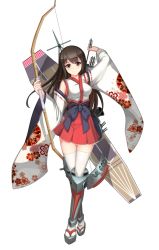 Rule 34 | 10s, 1girl, adapted costume, akagi (kancolle), arrow (projectile), blush, bow, bow (weapon), breasts, brown eyes, brown hair, crossed legs, detached sleeves, female focus, flight deck, floral print, full body, geta, holding, holding weapon, japanese clothes, kantai collection, kimono, large breasts, light smile, long hair, looking at viewer, miko, miniskirt, original, pleated skirt, quiver, qx-cg, ribbon-trimmed sleeves, ribbon trim, simple background, skirt, solo, standing, straight hair, thighhighs, weapon, white background, white thighhighs, wide sleeves, zettai ryouiki