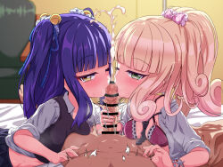 Rule 34 | 1boy, 2girls, bed, bell, blonde hair, blue hair, blush, bow, bra, breasts, collarbone, cum, ejaculation, erection, green eyes, hair bell, hair bow, hair ornament, hair ribbon, hair scrunchie, handjob, indoors, jashin-chan dropkick, kissing penis, lingerie, long hair, looking at viewer, multiple girls, mumyou ishi, necktie, on bed, ponytail, poporon (jashin-chan dropkick), pov, ran-ran, red bra, ribbon, scrunchie, shirt, small breasts, tongue, tongue out, twintails, underwear, white shirt, yellow eyes