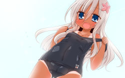 Rule 34 | 10s, 1girl, :d, aircraft, airplane, backlighting, bad id, bad nicoseiga id, bare shoulders, blue eyes, blue one-piece swimsuit, blush, collarbone, contrail, cowboy shot, flower, from below, hair between eyes, hair flower, hair ornament, japanese flag, kanijiru, kantai collection, long hair, looking at viewer, one-piece swimsuit, one-piece tan, open mouth, ro-500 (kancolle), school swimsuit, silver hair, sky, smile, solo, strap slip, swimsuit, tan, tanline, tareme