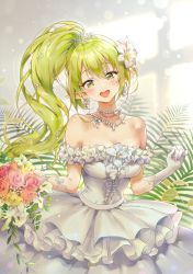 Rule 34 | 1girl, absurdres, bare shoulders, blush, breasts, cleavage, diadem, dress, earrings, elf, elsword, flower, gloves, green eyes, green hair, hair flower, hair ornament, happy, head tilt, highres, jewelry, lily (flower), long hair, looking at viewer, necklace, pointy ears, ponytail, rena erindel, rose, signature, smile, solo, standing, tanjel, wedding dress, white dress, white gloves