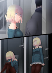 Rule 34 | 1boy, 1girl, black hair, blonde hair, blue eyes, breasts, closed mouth, comic, commentary request, door, hair between eyes, highres, looking at another, medium breasts, off shoulder, original, pantyhose, short hair, standing, surprised, zaregoto tsukai no deshi