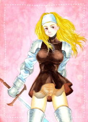 Rule 34 | 1girl, armor, blonde hair, breasts, brown eyes, dress, final fantasy, final fantasy tactics, gauntlets, gloves, kikimimi 612, long hair, solo, square enix, squire (fft), sword, weapon