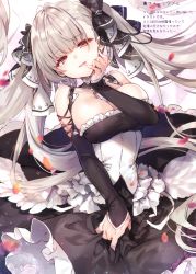 Rule 34 | 1girl, :d, absurdres, azur lane, bare shoulders, between breasts, black dress, blush, breasts, cleavage, cowboy shot, dress, earrings, finger to mouth, floating hair, formidable (azur lane), frilled dress, frills, grey hair, hair ribbon, head tilt, highres, jewelry, large breasts, long hair, long sleeves, looking at viewer, open mouth, petals, red eyes, ribbon, riichu, scan, skirt hold, smile, solo, twintails, two-tone dress, very long hair