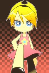 Rule 34 | 1girl, animification, bad id, bad pixiv id, blonde hair, blue eyes, cartoon network, checkered background, dress, hairband, hand on own hip, hip focus, mandy (billy &amp; mandy), mandy (grim adventures), panty &amp; stocking with garterbelt, parody, short dress, short hair, solo, standing, style parody, the grim adventures of billy &amp; mandy, tsunoji