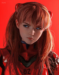 Rule 34 | 1girl, artist name, blue eyes, bodysuit, commentary, cosplay, english commentary, expressionless, freckles, hair ornament, highres, long hair, looking to the side, luneva anastasiya, messy hair, neon genesis evangelion, orange hair, photo-referenced, pilot suit, plugsuit, portrait, realistic, red background, red bodysuit, shadow, sidelighting, simple background, solo, souryuu asuka langley, souryuu asuka langley (cosplay), turtleneck, two side up, v-shaped eyebrows