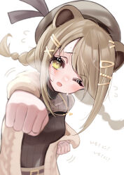 Rule 34 | 1girl, animal ears, bear ears, belt, beret, blush, braid, breasts, brown belt, cardigan, clenched hands, commentary request, grey hat, grey shirt, hair ornament, hairclip, hat, highres, konan mia, light brown hair, long hair, looking at viewer, low twin braids, medium bangs, medium breasts, nanashi inc., one eye closed, open cardigan, open clothes, open mouth, punching, sanada shinka, shirt, solo, sweater, too many hairclips, twin braids, upper body, virtual youtuber, white sweater, x hair ornament, yellow eyes