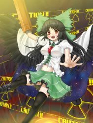 Rule 34 | 1girl, aonagi ibane, arm cannon, belt, black panties, blush, breasts, cameltoe, cape, caution, english text, female focus, highres, impossible clothes, large breasts, navel, panties, pantyshot, radiation symbol, reiuji utsuho, skirt, solo, thighhighs, touhou, underwear, upskirt, weapon, wings