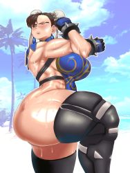 Rule 34 | 1girl, ass, beach, black gloves, blue tabard, blush, breasts, brown hair, capcom, chun-li, closed eyes, closed mouth, crossed arms, divine wine (vampiranhya), double bun, female focus, fingerless gloves, from below, from side, gloves, hair bun, highres, huge ass, knee up, large breasts, legs up, muscular, muscular female, official alternate costume, outdoors, solo, standing, standing on one leg, street fighter, street fighter v, tabard, thick thighs, thighs