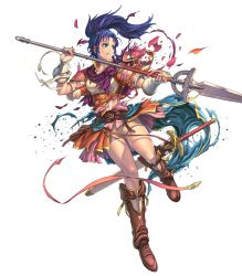 Rule 34 | 1girl, armor, blue eyes, blue hair, boots, brown footwear, female focus, fire emblem, fire emblem: new mystery of the emblem, fire emblem heroes, full body, highres, holding, holding polearm, holding spear, holding weapon, izuka daisuke, kris (fire emblem), long hair, matching hair/eyes, nintendo, polearm, ponytail, sheath, shorts, solo, spear, stomach, sword, thighs, torn clothes, transparent background, weapon
