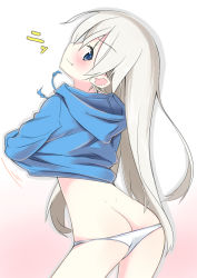 Rule 34 | 1girl, ass, blonde hair, blue eyes, blush, bottomless, butt crack, clothes lift, eila ilmatar juutilainen, gradient background, hands in pockets, hood, hoodie, hoodie lift, long hair, looking at viewer, no pants, panties, smile, solo, strike witches, underwear, world witches series, yuzuyoukan