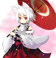Rule 34 | 1girl, animal ears, bad id, bad pixiv id, bare shoulders, bridal gauntlets, detached sleeves, female focus, inubashiri momiji, no headwear, no headwear, oil-paper umbrella, red eyes, short hair, silver hair, smile, solo, tail, touhou, umbrella, ut pictura poesis, wide sleeves, wolf ears, wolf tail