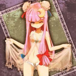 Rule 34 | 1girl, alternate hairstyle, babydoll, bad id, bad pixiv id, bare shoulders, bow, bun cover, crescent, crescent hair ornament, double bun, female focus, hair bow, hair bun, hair ornament, hat, lingerie, long hair, myou mu, negligee, one eye closed, panties, patchouli knowledge, purple eyes, purple hair, simple background, solo, touhou, underwear, underwear only, very long hair, white panties, wink