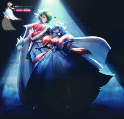 Rule 34 | 1boy, 1girl, absurdres, alternate color, ascot, black dress, black gloves, blue hair, blue mask, bow, breasts, cape, cleavage, creatures (company), dress, earrings, endifi, eyeshadow, facing another, game freak, gardevoir, gen 3 pokemon, gloves, green hair, hair over one eye, highres, humanization, jewelry, makeup, mask, medium breasts, mega gardevoir, mega pokemon, mouth mask, nintendo, pokemon, red ascot, red bow, red eyes, shiny and normal, shiny pokemon, spotlight, standing, white cape, white gloves