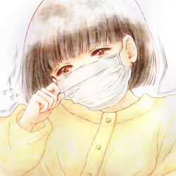 Rule 34 | 1girl, brown eyes, brown hair, cohaqur, coughing, hand up, highres, looking at viewer, mask, original, shirt, short hair, sick, solo, upper body, white background, yellow shirt
