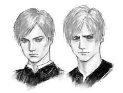 Rule 34 | 2boys, age comparison, bags under eyes, curtained hair, dual persona, frown, furrowed brow, greyscale, leon s. kennedy, male focus, monochrome, mrs.yega (nai0026er), multiple boys, portrait, resident evil, resident evil 2, resident evil 2 (remake), resident evil 4, resident evil 4 (remake)