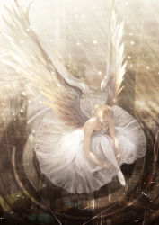 Rule 34 | 1girl, angel, angel wings, blonde hair, dress, closed eyes, glowing, highres, looking down, original, reflection, ripples, ryouku, see-through, shoes, sitting, solo, sparkle, thighhighs, tight clothes, tying, tying shoes, water, white dress, white footwear, white thighhighs, white wings, wings