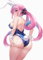 Rule 34 | 1girl, animal ear hairband, ass, bare shoulders, blue hair, blue leotard, blush, breasts, hand on own ass, hololive, large breasts, leotard, light blue hair, long hair, looking to the side, minato aqua, multicolored hair, nikoo, pink eyes, pink hair, playboy bunny, rabbit ear hairband, rabbit ears, rabbit tail, simple background, solo, tail, thighs, two-tone hair, virtual youtuber, white background