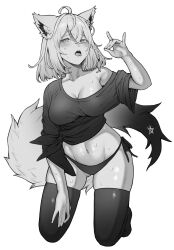 Rule 34 | 1girl, ahoge, animal ear fluff, animal ears, blush, braid, breasts, commentary request, crossed bangs, fellatio gesture, fox ears, fox girl, fox shadow puppet, fox tail, greyscale, hair between eyes, highres, hololive, inamimi (sheep1733), kneeling, large breasts, looking at viewer, medium hair, monochrome, navel, no pants, no shoes, off shoulder, open mouth, panties, pentagram, romaji commentary, shirakami fubuki, shirt, short sleeves, side-tie panties, side braid, simple background, solo, sweatdrop, tail, thighhighs, tied shirt, tongue, tongue out, underwear, virtual youtuber
