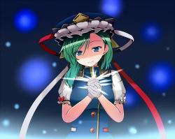 Rule 34 | 1girl, asymmetrical hair, blue background, blue eyes, blue hat, blue vest, bow, commentary request, eyebrows, frilled hat, frills, gloves, glowing, green hair, hair between eyes, hat, hat ribbon, light particles, mono (mono60), puffy short sleeves, puffy sleeves, red bow, red ribbon, ribbon, shiki eiki, short sleeves, smile, solo, touhou, upper body, vest, white bow, white gloves, white ribbon