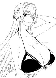 Rule 34 | 1girl, alternate costume, bare shoulders, bikini, blush, braid, breasts, cleavage, closed mouth, collarbone, front-tie bikini top, front-tie top, frown, goddess of victory: nikke, greyscale, helm (nikke), highres, huge breasts, long hair, monochrome, simple background, solo, string bikini, swimsuit, twitter username, white background, yoonsun