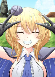 Rule 34 | 1girl, absurdres, black gloves, blonde hair, blue eyes, blue necktie, blue sky, braid, breasts, capelet, closed eyes, cloud, colorado (kancolle), commentary request, day, double v, easter island, elbow gloves, facing viewer, garrison cap, gloves, grey hat, grin, hat, headgear, highres, kantai collection, large breasts, manjukannon, medium breasts, moai, necktie, outdoors, shirt, short hair, side braids, sideboob, sky, sleeveless, smile, solo, upper body, v, white shirt