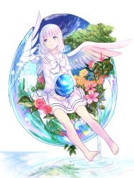 Rule 34 | 1girl, angel wings, barefoot, egg, flower, food, fuzichoco, highres, holding, holding egg, holding food, looking away, original, ribbon, short hair, sitting, smile, solo, tree, white hair, white ribbon, wings