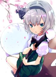 Rule 34 | 1girl, asuzemu, bad hands, black bow, black bowtie, black footwear, black hairband, black ribbon, bow, bowtie, collared shirt, green eyes, green skirt, green vest, hair ribbon, hairband, konpaku youmu, konpaku youmu (ghost), looking at viewer, open mouth, petals, puffy short sleeves, puffy sleeves, ribbon, scabbard, sheath, sheathed, shirt, shoes, short hair, short sleeves, silver hair, sitting, skirt, solo, sword, touhou, vest, weapon, white shirt