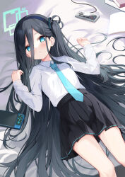 Rule 34 | 1girl, absurdres, aris (blue archive), bed sheet, black hair, black hairband, black skirt, blue archive, blue eyes, blue necktie, blush, book, bright pupils, closed mouth, collared shirt, commentary request, controller, dress shirt, expressionless, eyelashes, fuyuki030, game controller, hair between eyes, hair ornament, hairband, halo, handheld game console, hands up, highres, long bangs, long hair, long sleeves, looking at viewer, lying, necktie, on back, one side up, pleated skirt, school uniform, shirt, shirt tucked in, sidelocks, skirt, solo, very long hair, white pupils, white shirt, wing collar