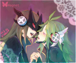 Rule 34 | 2boys, artist name, black coat, coat, commentary, dated, from side, fujiwara yuusuke, green hair, headset, holding hands, interlocked fingers, kanon (rsl), long hair, looking at another, magnet (vocaloid), male focus, mask, multiple boys, open mouth, pink eyes, profile, tenjouin fubuki, upper body, vocaloid, yaoi, yu-gi-oh!, yu-gi-oh! gx