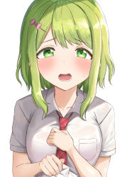 Rule 34 | 1girl, absurdres, blush, bow, bra, bra visible through clothes, breasts, collarbone, collared shirt, green eyes, green hair, hair bow, hair ornament, hairclip, hands up, highres, looking at viewer, medium breasts, morinaka kazaki, necktie, nijisanji, open mouth, pink bow, pink bra, red necktie, see-through, shirt, short sleeves, simple background, solo, sweat, underwear, upper body, virtual youtuber, white background, white shirt, yotsugi
